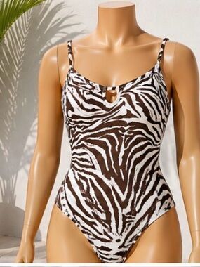 Brown & White Zebra Print One-Piece Swimsuit for Kids